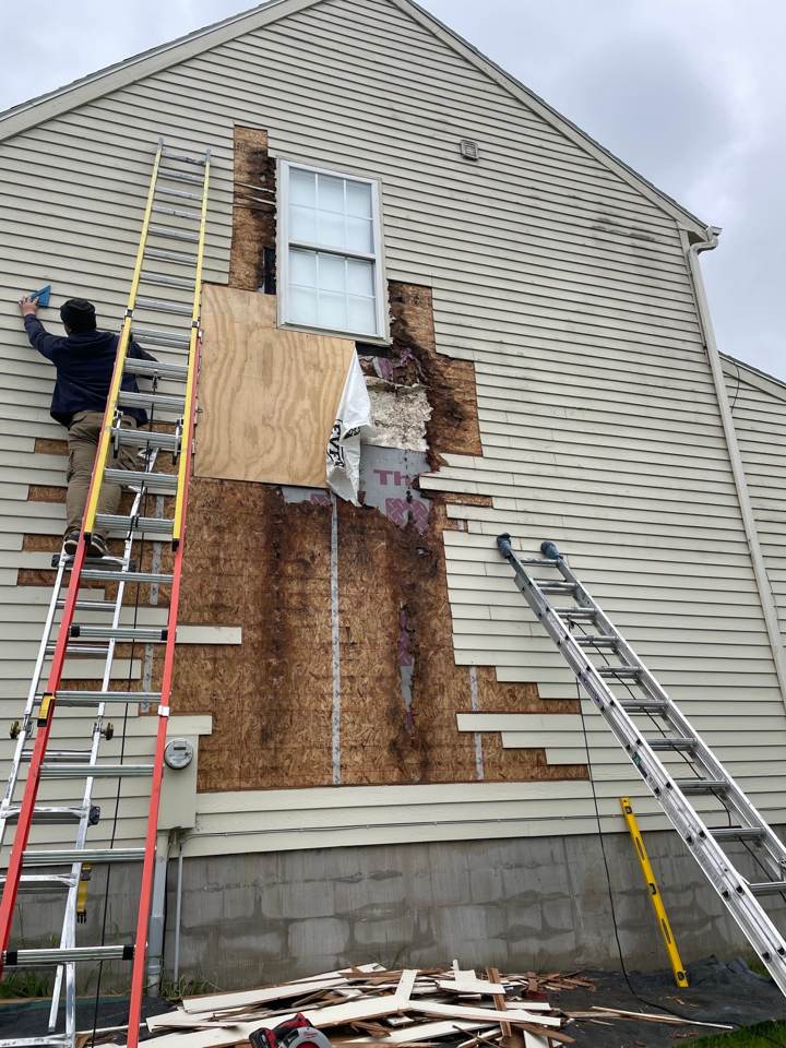 Siding removed to repair a rotted exterior wall